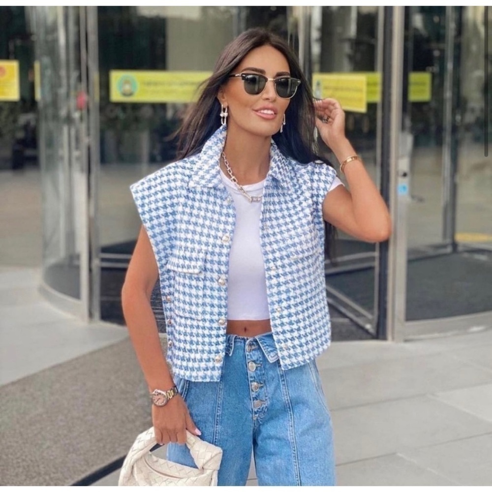 Zara Blue White Tweed Houndstooth Cropped Vest Jacket Size Large - Picture 4 of 10